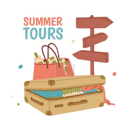 Sommerreisende Grundlagen. Vektor-Illustration mit Koffern, einer Strandtasche und Wegweisern für Urlaubsideen.