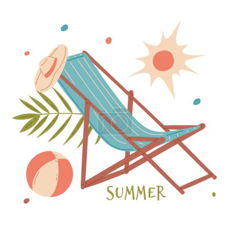 Un ambiente relajado de verano irradia de esta ilustración vectorial, con una silla de playa, un sombrero de sol y una pelota en un día brillante.
