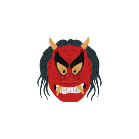 Eine feuerrote Kabuki-Maske mit grellen Augen, scharfen Reißzähnen und dunklen Haaren, ein Grundnahrungsmittel des traditionellen japanischen Theaters.