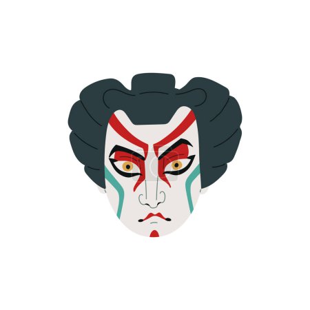 Kabuki Theater. Vektorillustration einer traditionellen japanischen Kabuki-Maske mit Dämonenmerkmalen, die für Aufführungen geschaffen wurde. Ideal als Plakette oder Event-Aufkleber.