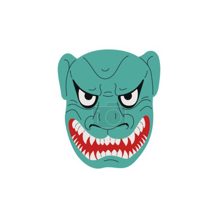 Kabuki. Flat vector illustration of a frightening Japanese theater mask depicting a mythical evil creature. Isolated Asian mask in green color. Icon or sticker.