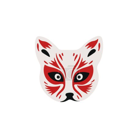 Ilustración vectorial de una máscara Kabuki tradicional que representa al animal demonio Kitsune, adecuado para eventos, insignias o pegatinas. Diseño de máscara de teatro japonés en estilo plano sobre fondo aislado.
