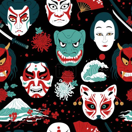 Nahtloses Muster mit japanischen Kabuki-Masken, Sakura-Zweigen und Hogambana auf schwarzem Hintergrund. Ideale Vektorillustration für einzigartige Tapeten und textile Designs.
