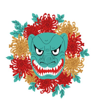 Kabuki Maske. Vektorillustration einer grünen japanischen Theatermaske auf einem Hintergrund aus Higanbana-Blumen. Die traditionelle Maske und die roten Lilienblüten eignen sich hervorragend für Veranstaltungen, als Abzeichen oder Aufkleber.