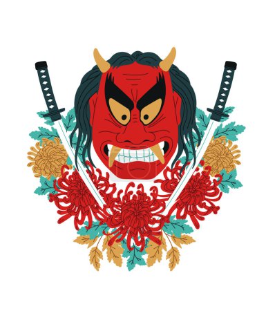 Masque japonais Kabuki théâtre et katana épée décorées fleurs. Mythologie asiatique symbole du diable avec cornes et crocs. Authentique mascarade traditionnelle horreur visage maquillage vecteur art illustration