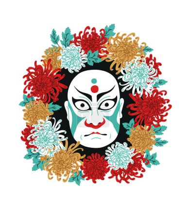 Illustration vectorielle vibrante d'un masque kabuki traditionnel entouré d'une couronne luxuriante de chrysanthèmes multicolores, symbolisant le drame et le patrimoine culturel