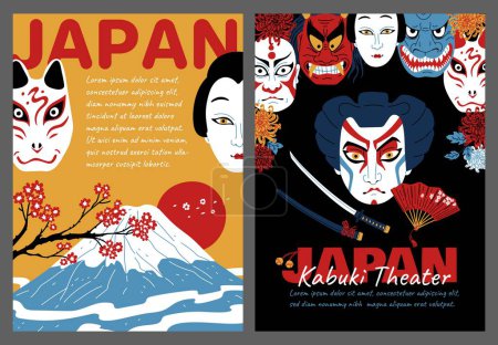 Impresionante conjunto de vectores con dos carteles: uno celebra Japón con imágenes icónicas como el Monte Fuji y flores de cerezo, y el otro destaca el Teatro Kabuki con una gama de máscaras tradicionales y