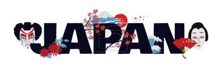 Illustration for Decorative vector editable text design about Japan with Kabuki Theater actors, Mount Fujiyama, sakura, sea and bright sun on a white background. Perfect for posters about Japanese culture - Royalty Free Image