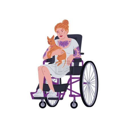 Téléchargez les illustrations : Illustration vectorielle d'une femme en fauteuil roulant tenant doucement un petit chien. Elle a des tatouages floraux sur les bras et porte une robe légère - en licence libre de droit