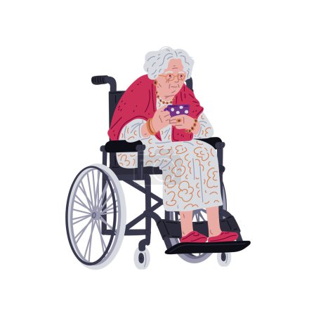 Heartwarming vector illustration of an elderly woman in a wheelchair, wrapped in a red shawl, enjoying a cup of tea. Thoughtful, capturing a quiet moment of contentment