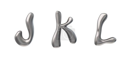 Letras metálicas líquidas en estilo Y2K. Un conjunto vectorial 3D con las tres letras inglesas J, K, L, con un acabado cromado brillante, ideal para temas futuristas. Fondo aislado.