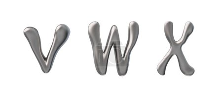 Conjunto de letras futuristas 3D Y2K. Letras inglesas metálicas V, W, X, con efecto cromo y distorsión holográfica líquida. Creado para un diseño moderno y presentado sobre un fondo aislado.