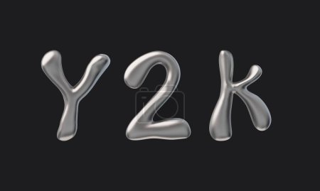Flüssige Schrift mit Chromoberfläche y2k. Vector 3D Set, das aus Buchstaben und Zahlen besteht und den modischen Stil der 2000er Jahre bezeichnet. Ideal für futuristisches Design. Vereinzelter schwarzer Hintergrund.
