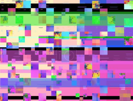Téléchargez les illustrations : Éléments glitch colorés fond vectoriel. pixels numériques abstraits, écran d'erreur de pépin de bruit. Formes et lignes de carrés aléatoires déformées, bug ou signal vidéo endommagé - en licence libre de droit