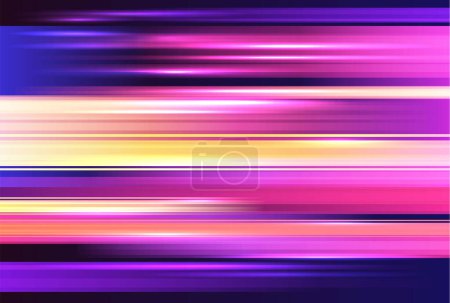 High speed light lines vector illustration. Colorful dynamic motion design background. Trails with motion blur effect. Abstract rays rush horizontally movement, long time exposure, lens flare