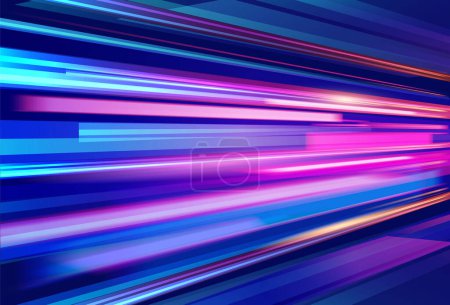 High speed light lines, trails with motion blur effect vector illustration. Colorful dynamic focused motion design background. Abstract rays rush movement, long time exposure, lens flare