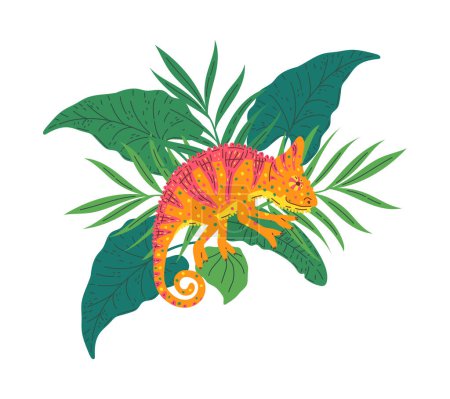 Cute chameleon vector character showing beautiful patterns posing in their natural habitat in the jungle. Perfect for design with exotic lizards or pet concepts