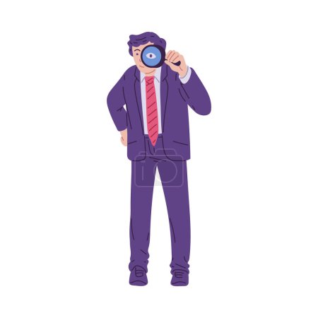 Vector illustration of a man in a costume with a magnifying glass. Business character performing research, data analysis, verification with a focus on detail.