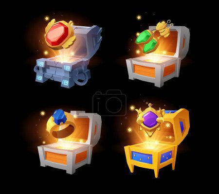 Illustration for Vintage wooden and stone glowing chests with magic gem amulets, golden ring, earrings, pendant vector set. Cartoon treasure coffer with wizard jewellery accessories. Game achievement reward - Royalty Free Image
