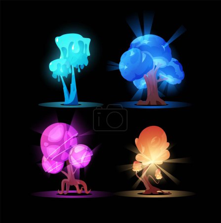 Collection of magical trees. Vector set of strange trees with glowing multicolored leaves on a completely black background for creative use in design. Ideal for magical themes.