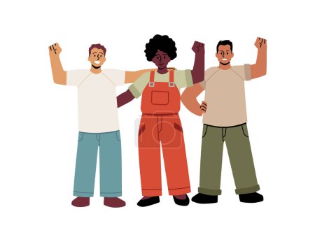 Vector illustration dedicated to the interracial protection of human rights. Men and a woman, activists with clenched fists during a peaceful protest.