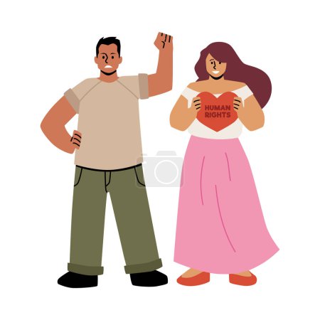 Illustration for For equality. Vector illustration of a man with a raised fist and a woman with a heart placard, both standing for human rights. Cartoon flat style on isolated background. - Royalty Free Image