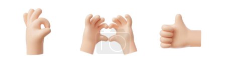 A collection of 3D vector icon illustrations of hand gestures: an OK sign, a heart shape, and a thumbs up, signifying approval, love, and positivity.