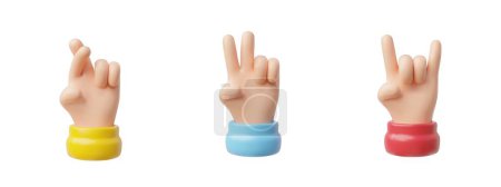 Illustrations d'icônes vectorielles 3D avec gestes de main pour la chance, la paix et le plaisir : doigts croisés, signe de victoire, et rock sur les cornes, chacune avec des bracelets vibrants.