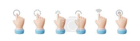 Touchscreen-Interaktion als Vektor-Set von 3D-Handsymbolen erfasst. Klicken und tippen Sie mit dem Zeigefinger auf Gesten im Cartoon-Stil, die für die einfache Verwendung auf isoliertem Hintergrund konzipiert sind.