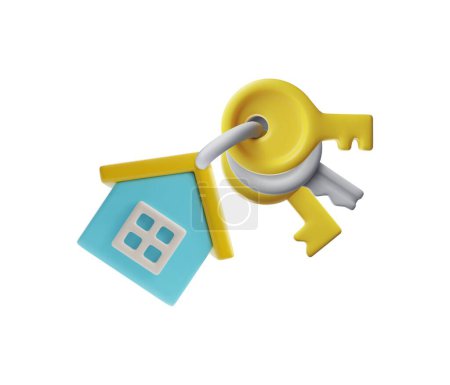 A 3D vector illustration of a stylized blue house icon secured by oversized yellow keys, emphasizing concepts of home security or ownership