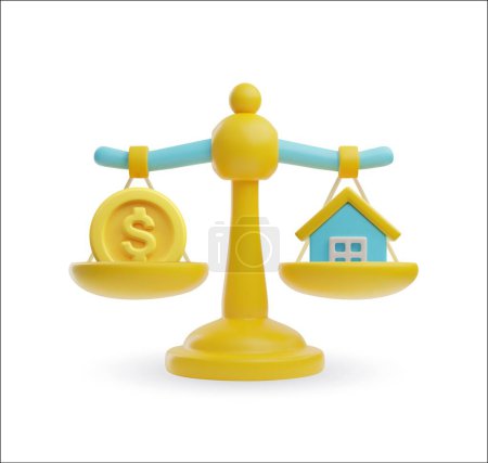 Real estate value concept. Vector illustration of a 3D balance scale icon with a dollar sign and a house, representing property investment analysis.