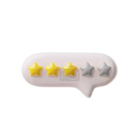 Three out of five-star rating icon. Vector illustration of a 3D speech bubble with three yellow stars and two gray stars, symbolizing mixed customer feedback or average quality rating.