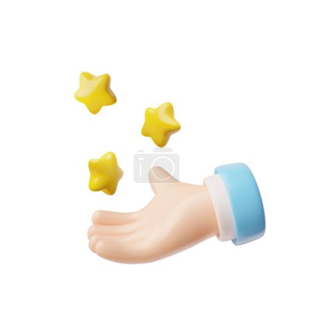 Main magique libérant des étoiles. Illustration vectorielle d'une main de dessin animé 3D avec un brassard bleu, diffusant trois étoiles jaunes, représentant la créativité ou des moments magiques.