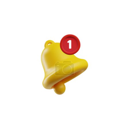 New message alert 3D bell icon. Vector illustration of a yellow bell with a prominent red number one badge, ideal for indicating unread messages or notifications in apps and digital interfaces.
