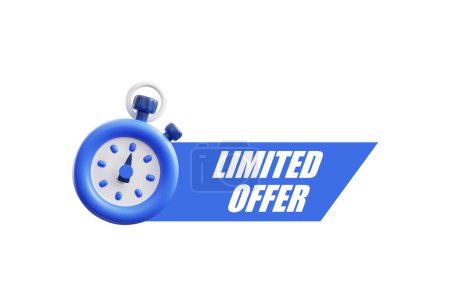 Limited offer 3D alarm clock icon. Vector illustration featuring a vibrant blue alarm clock with a "LIMITED OFFER" banner, perfect for promotional materials