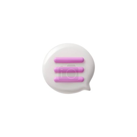 3D glossy white circle speech bubble with pink text lines. Vector render round text bubble volume form. Chat message icon, dialogue cloud 3d talking window, chatting box