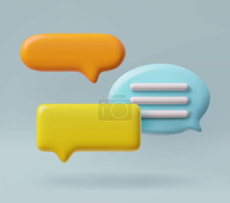 3D vector illustration showcasing a set of speech bubble icons in orange, yellow, and blue. Bubbles, each with a unique shape and filled with text lines, represent dynamic and diverse communication