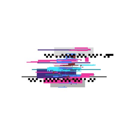 Compact digital glitch art with vibrant stripes and pixel distortions in pink, blue, and black. This vector illustration encapsulates a minimalist tech aesthetic.