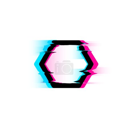 A stylized hexagon shape in a vivid glitch art style. This vector illustration showcases a dynamic mix of blue and pink distortions and digital noise, creating a modern visual effect.