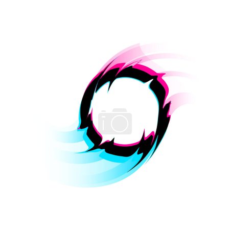 A dynamic circular glitch graphic with sweeping arcs of pink and blue. This vector illustration merges smooth curves with sharp digital distortions, ideal for modern designs.