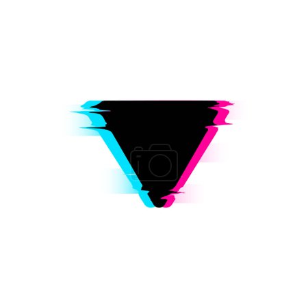 A bold inverted triangle in a glitch style, accented with neon blue and pink highlights. This vector illustration features sharp geometric lines and digital artifacts, creating a striking visual