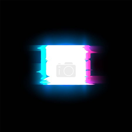 A vibrant vector illustration square glitch frame glowing with neon pink and blue highlights against a dark background