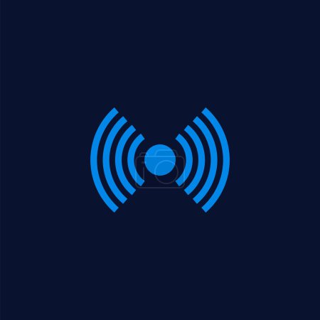Illustration for Wi-fi technology digital radar vector symbol. Blue wireless waves connection icon. Sound or sensor effect round lines. Network antenna radial sign, sonar button. Radio frequency signal - Royalty Free Image