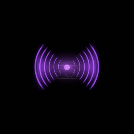 Illustration for Purple wi-fi technology digital radar neon light vector symbol. Glow wireless waves icon. Sound effect, echolocation scan round lines. Network antenna radial sign. RFID Radio frequency signal - Royalty Free Image