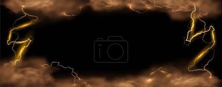 Dramatic vector illustration depicting a stormy sky with lightning bolts striking through dense smoke clouds. The vibrant gold and dark brown hues enhance the sense of a powerful electrical storm