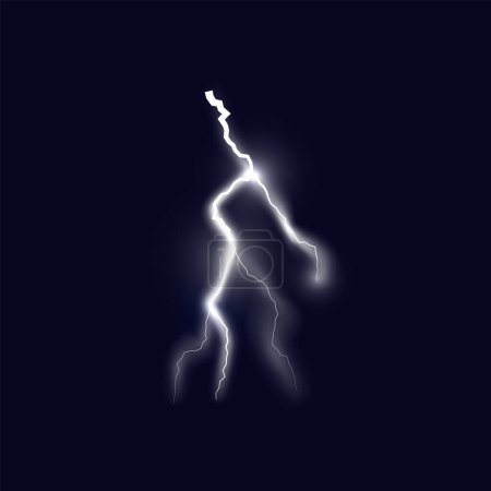 Téléchargez les illustrations : The electrifying atmosphere of thunder. Vector illustration depicting a massive bright branched lightning bolt in white on an isolated dark background. - en licence libre de droit