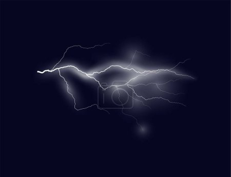 Vector illustration with thunder and lightning: displays the tension of the energy of nature with the effects of radiance on a stormy dark blue background.