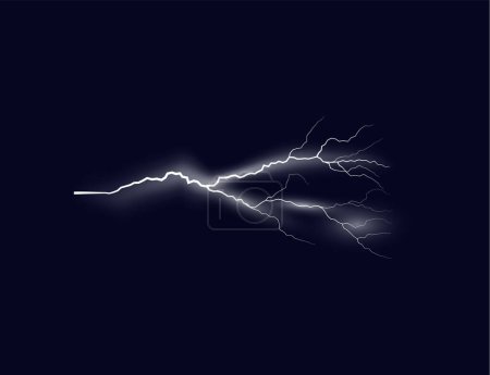 Vector image of thunderstorms accompanied by thunderclaps, lightning strikes and radiant energy effects. The dark blue background conveys the power of nature.