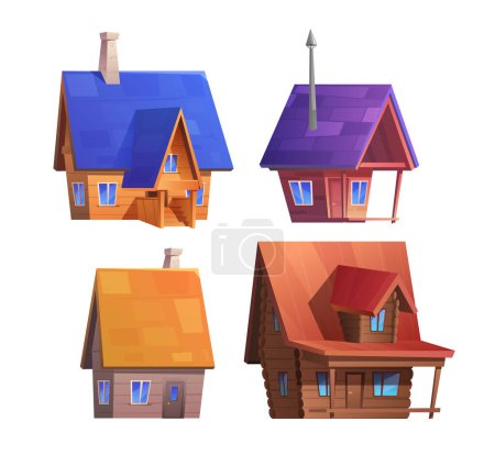 Téléchargez les illustrations : Ensemble vectoriel de maisons en bois de dessin animé avec cheminées, escaliers et véranda. Quatre chalets traditionnels bruns aux toits bleus, violets et rouges isolés sur fond blanc. - en licence libre de droit