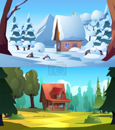 Conjunto de paisajes con casas de madera en pie en el bosque, temporada de verano e invierno de estilo plano, ilustración vectorial. Decorativo para juegos, construcción y naturaleza, paisaje